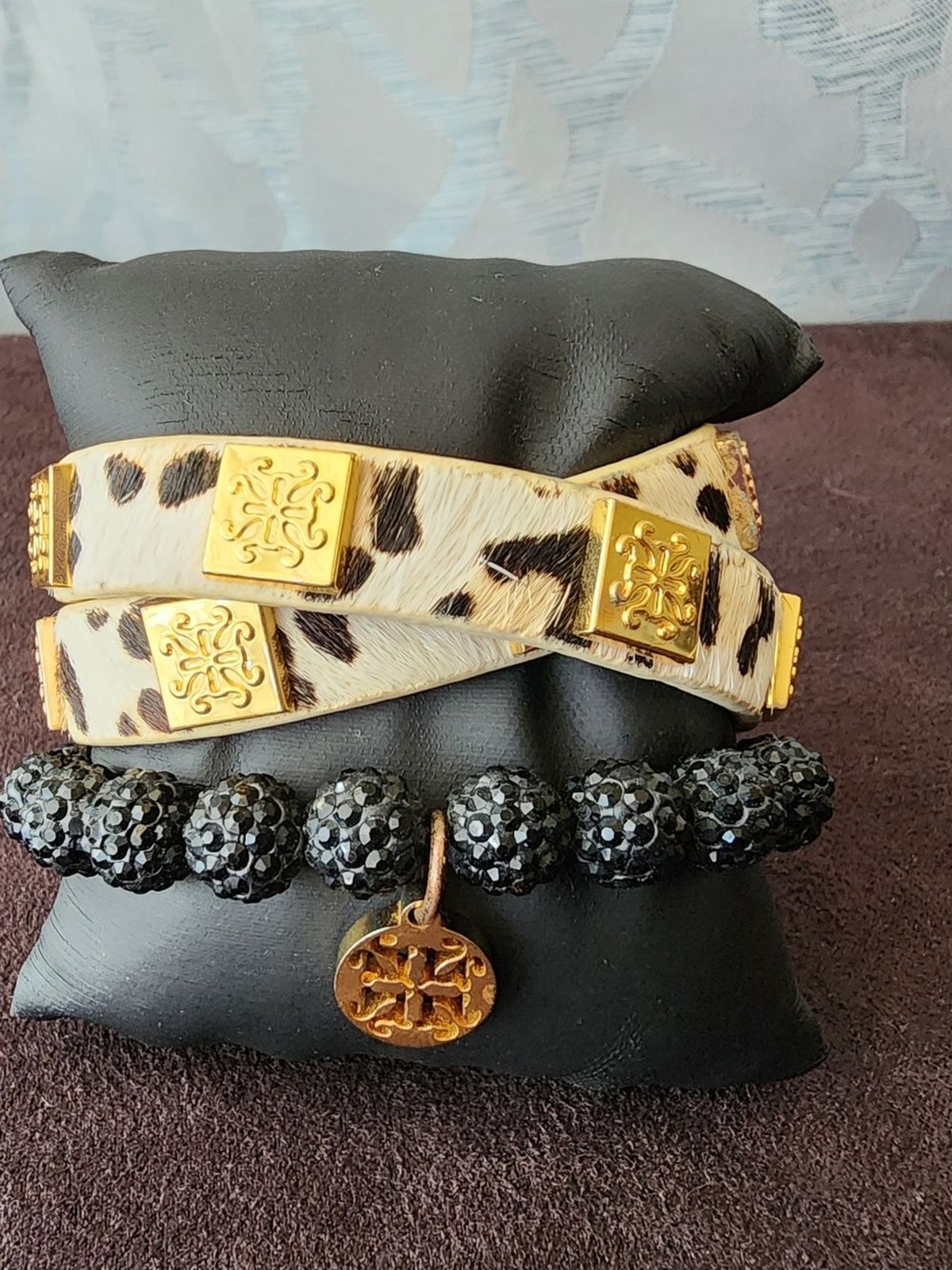Rustic Cuff Black Beaded and Gold-Tone Leopard Print Bracelet Set