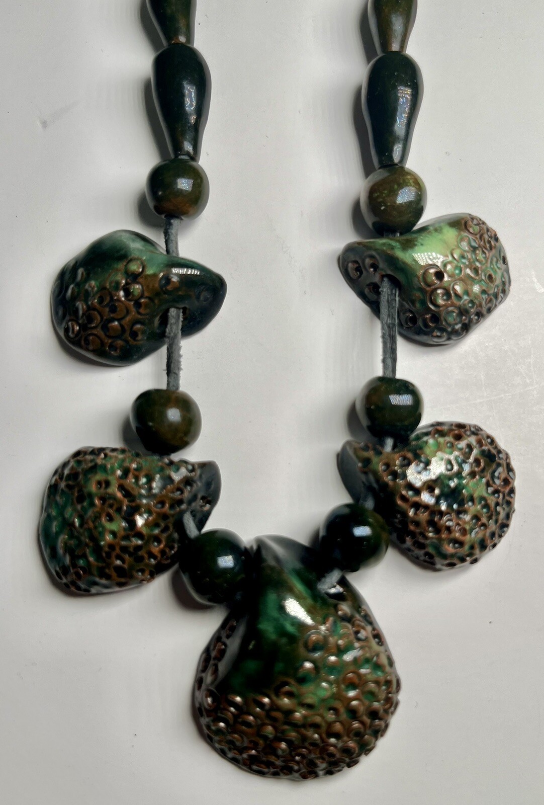 Dark Green and Brown Handmade Ceramic & Leather Tie Necklace Boho Grannycore