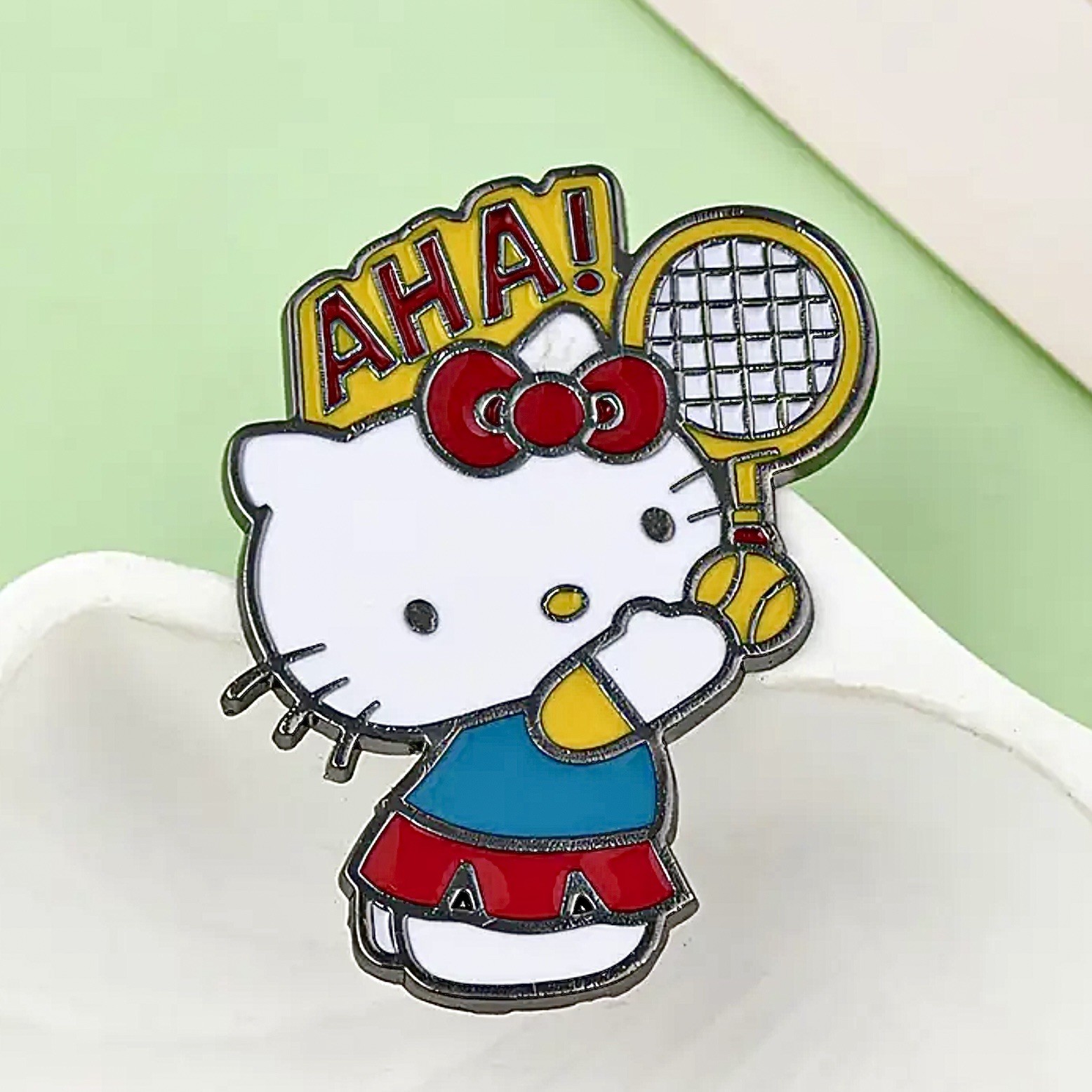 “AHA” Playing Tennis, Hello Kitty, Sanrio, Enamel, Zinc, Alloy, Pin, Brooch.