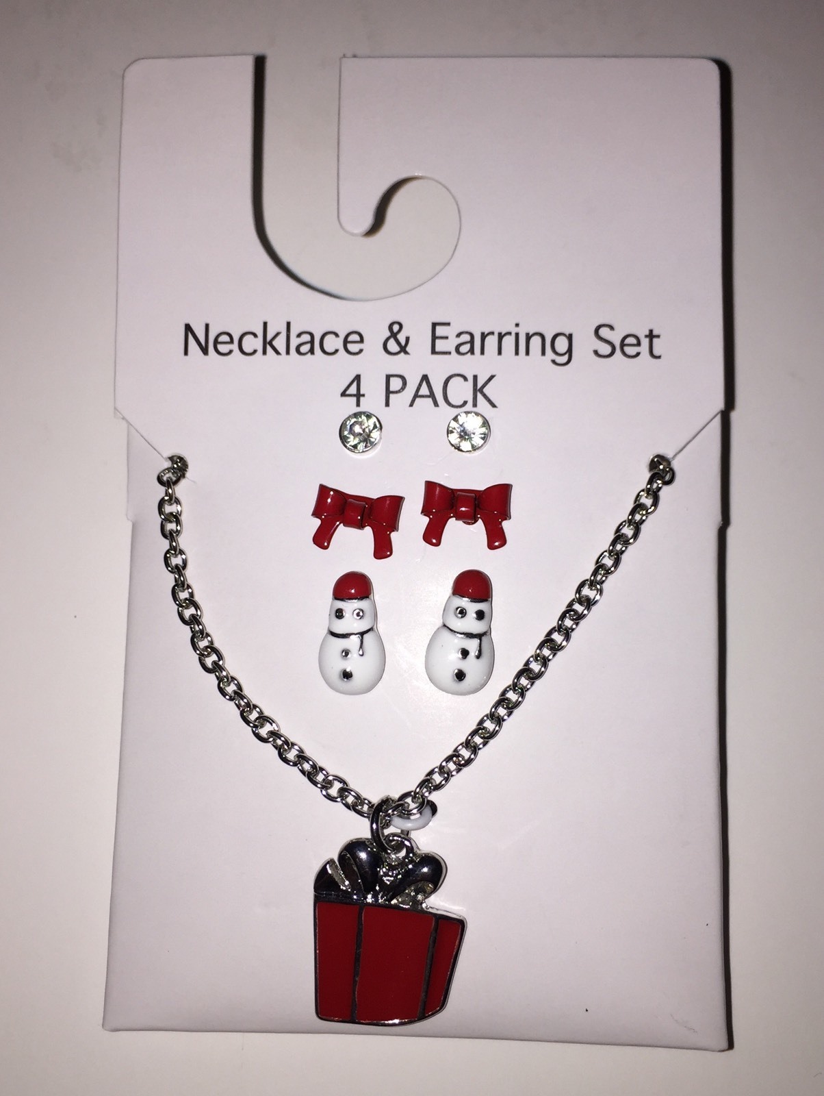 Snowman/Bow/Stud Earring & Gift Box Necklace 4-Piece Fashion Jewelry Set NEW Tag