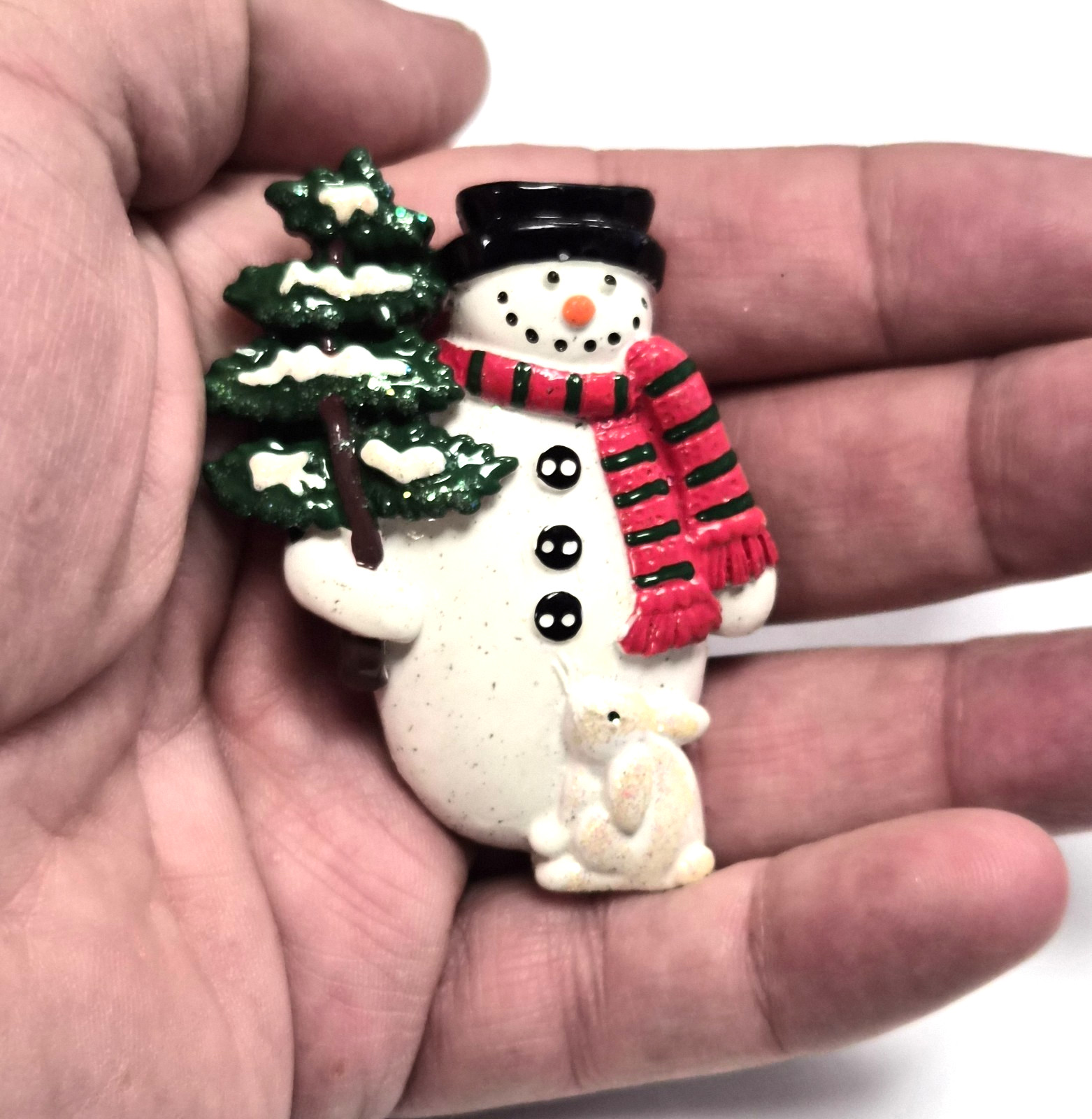 Estate Decorative Christmas Holiday Snowman Holding a Tree & Bunny Pin / Brooch