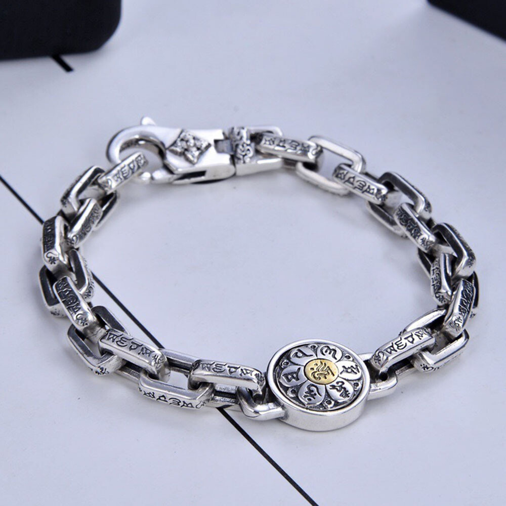 Pure 925 Sterling Silver Chain 8mm Six Words Square Cable Link Bracelet 7-8.7in