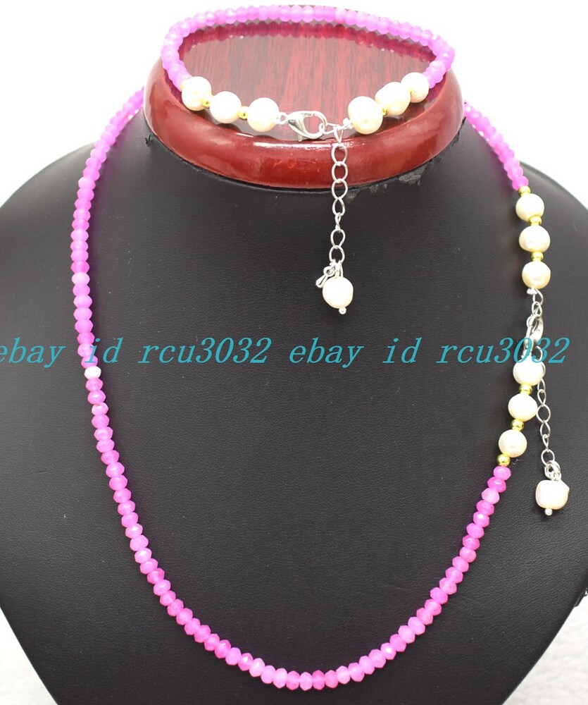 Faceted 2x4mm Multicolor Roundelle Gems & White Pearl Necklace Bracelet Set