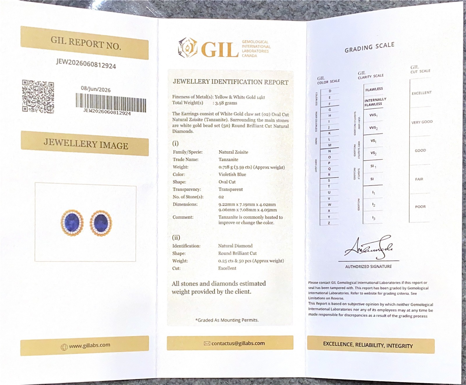 GIL Certified 14K Yellow White Gold Tanzanit & Diamond Earrings Natural Gemstone