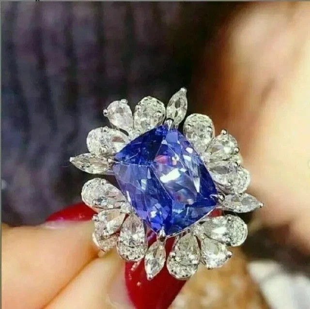 4Ct Cushion Lab Created Blue Tanzanite Halo Wedding Ring 14K White Gold Plated