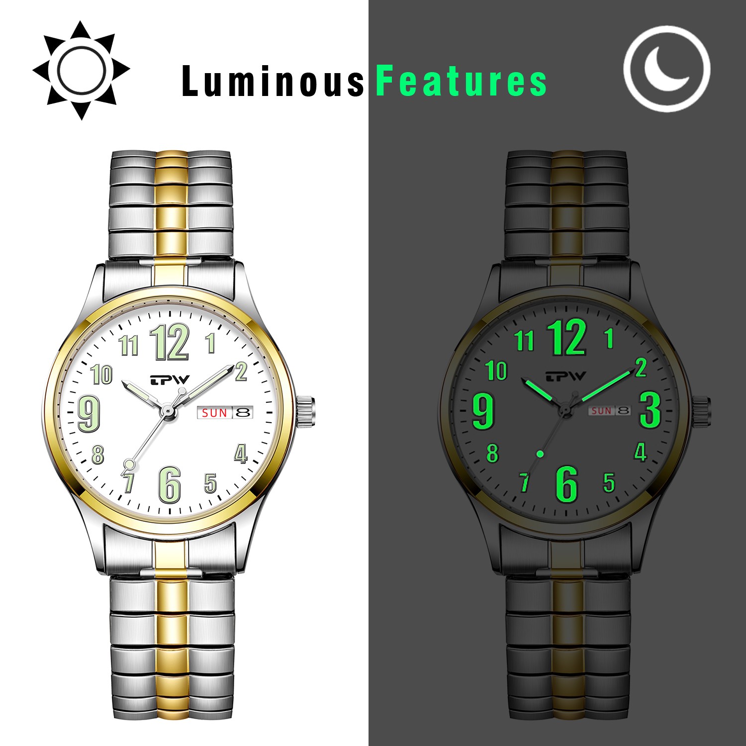 Large Arabic Numeral Easy to read Date Watch Stainless Steel Band Wristwatch