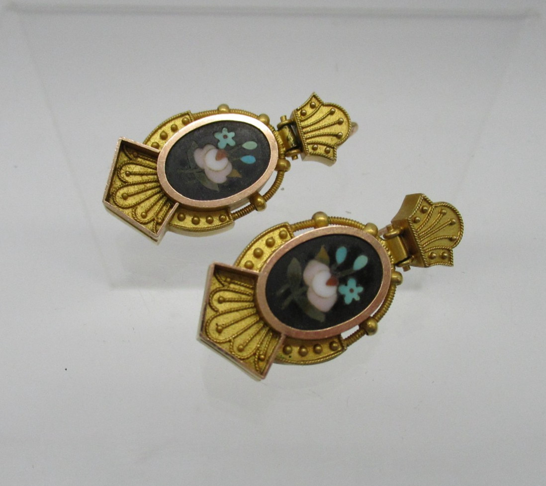 Antique Italian Gold Pietra Dura Floral Mosaic Victorian Pierced Earrings