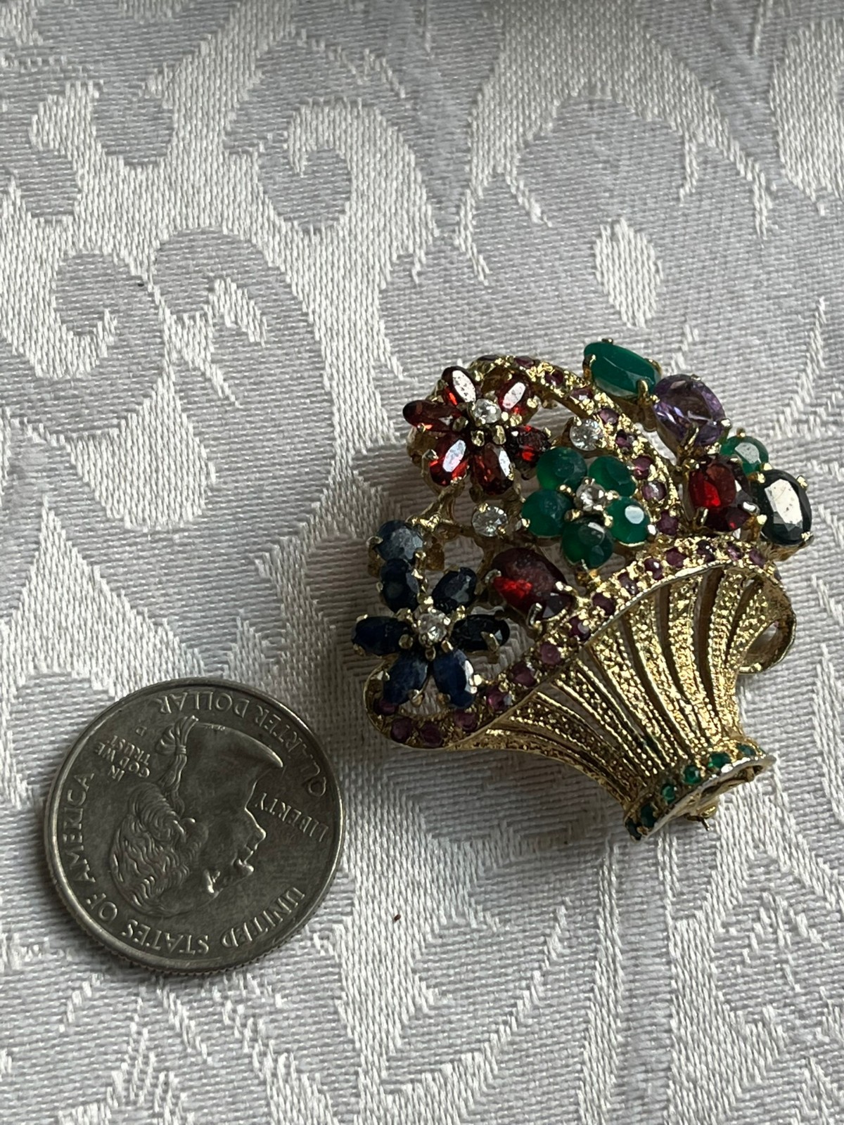 Vintage Emerald Ruby Sapphire Flower Basket Brooch Pin 41.2mm x 37.3mm