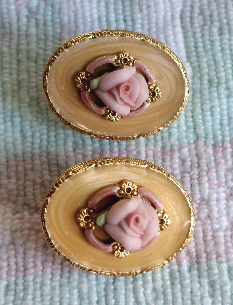 Goldtoned Oval Ornate Pierced Earrings With Ceramic Roses & Gold Swirl Enamel