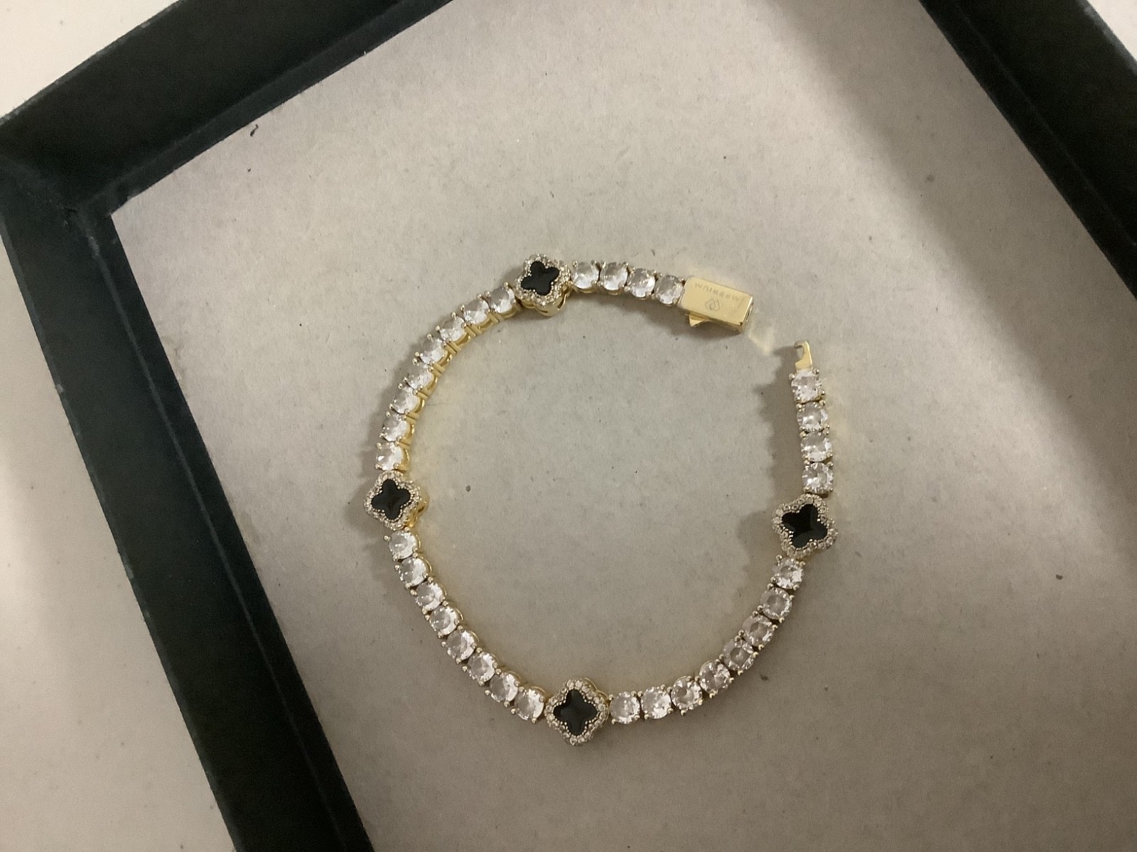 Imperium 18k gold plated CZs four leaf clover black enamel tennis bracelet 7″