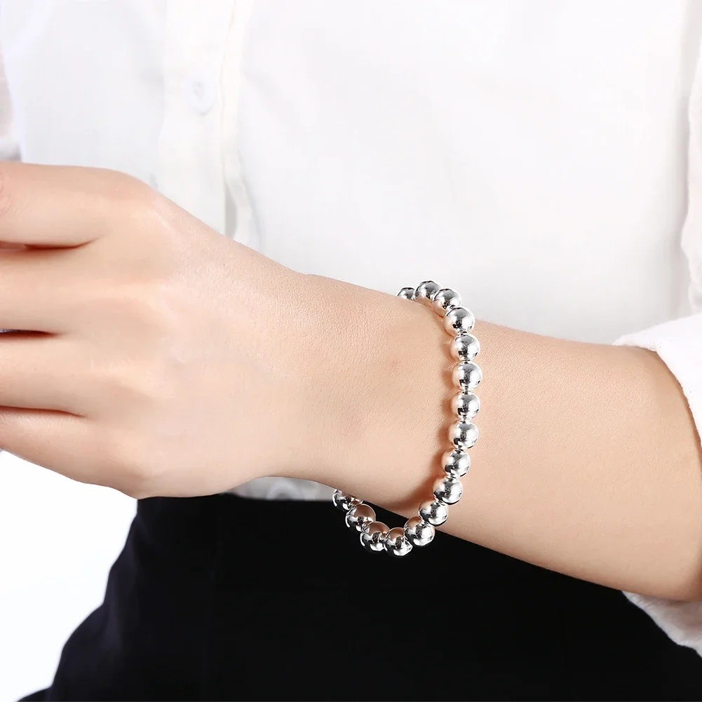 925 Sterling Silver 8MM Smooth Hollow Beaded Ball Bracelet Necklace Jewelry Set
