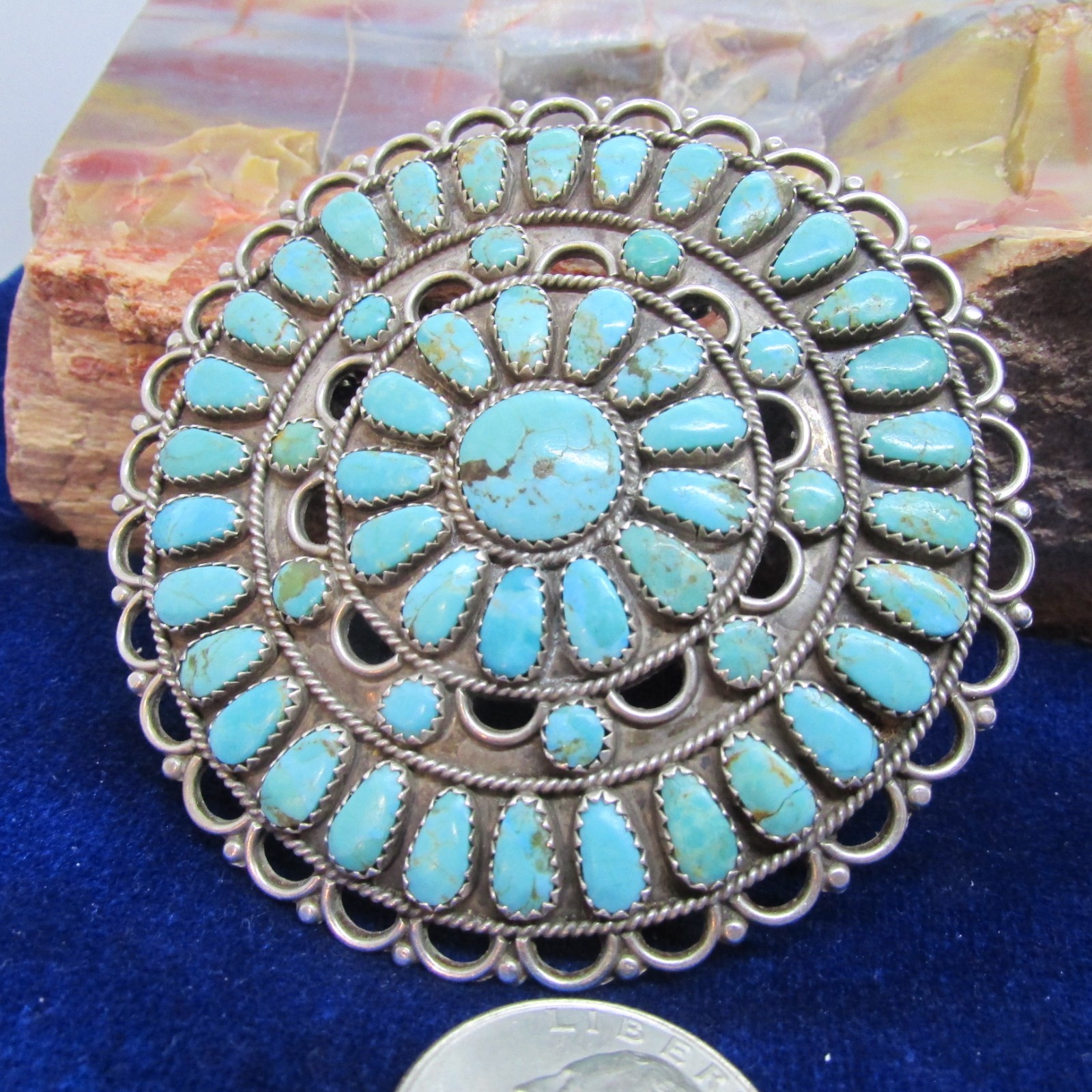 VINTAGE SOUTHWEST N A LMB HUGE TURQUOISE PENDANT OR BROOCH SIGNED