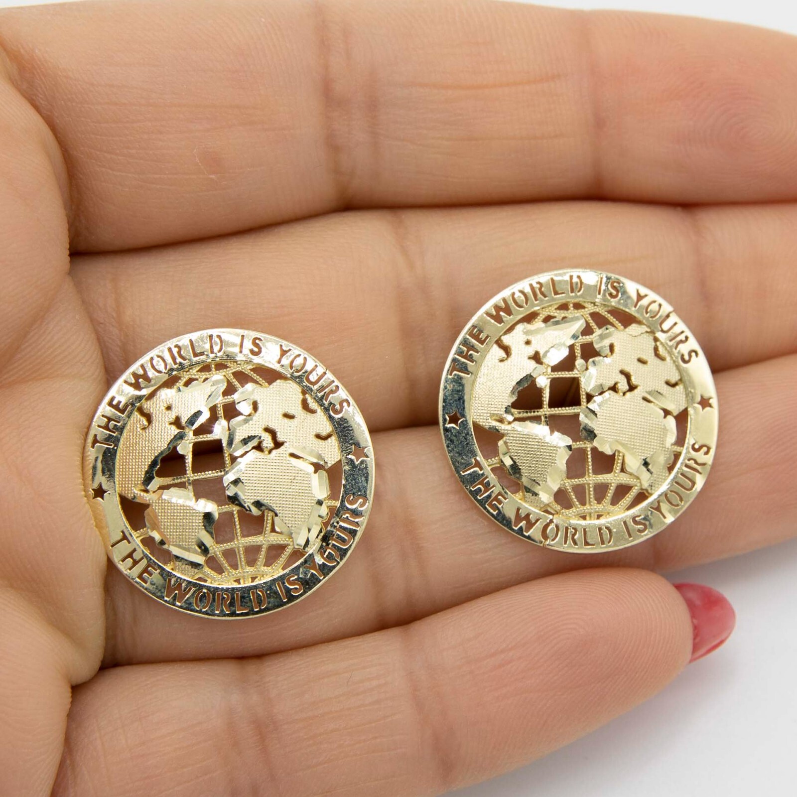 “The World is Yours” Stud Earrings Real Solid 10K Yellow Gold