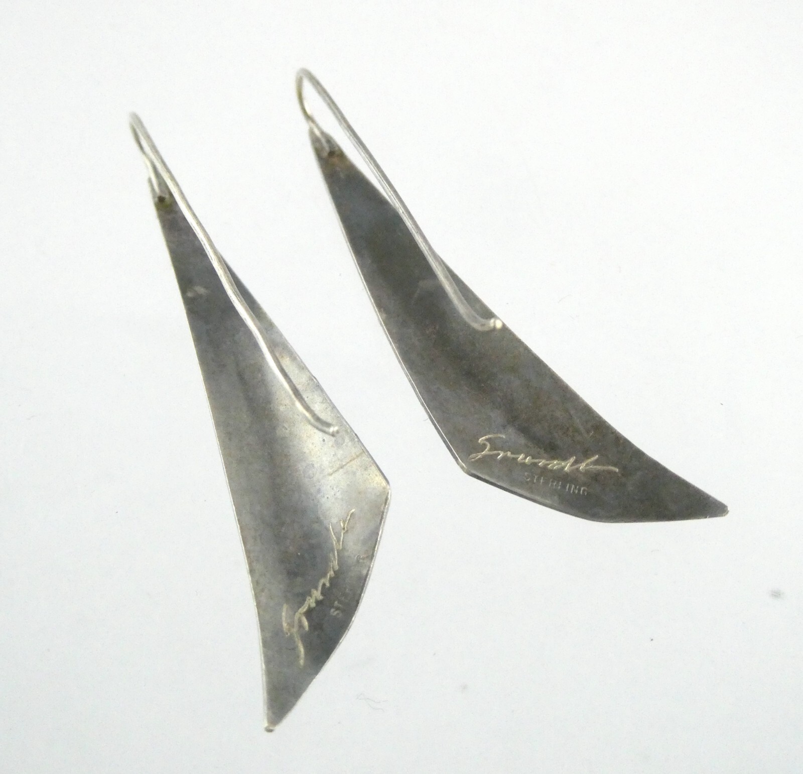 Vintage Grendl Signed Artisan Sterling Silver and Gold Hook Earrings 4g 2 1/8 In