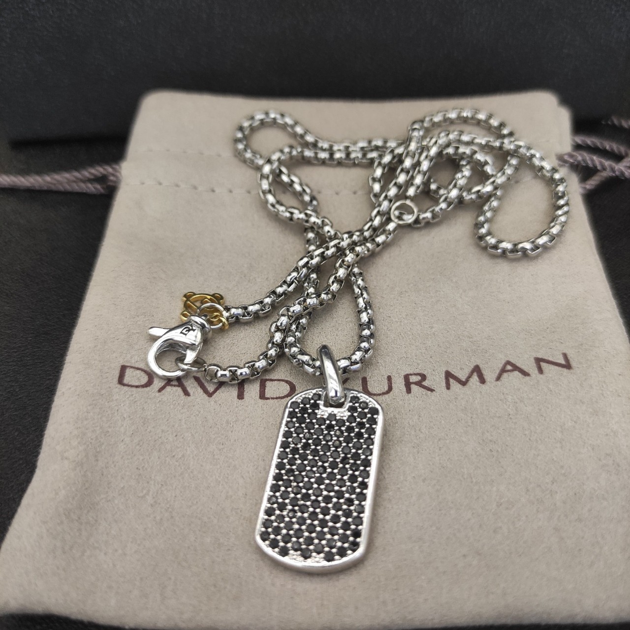 David Yurman Black Diamond Dog Tag Pendant 925 Silver Box Chain Necklace 19.6IN