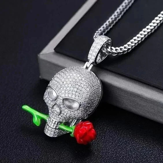 Flower Skull Pendant Only Round Cut Simulated Diamond 14K White Gold Finish
