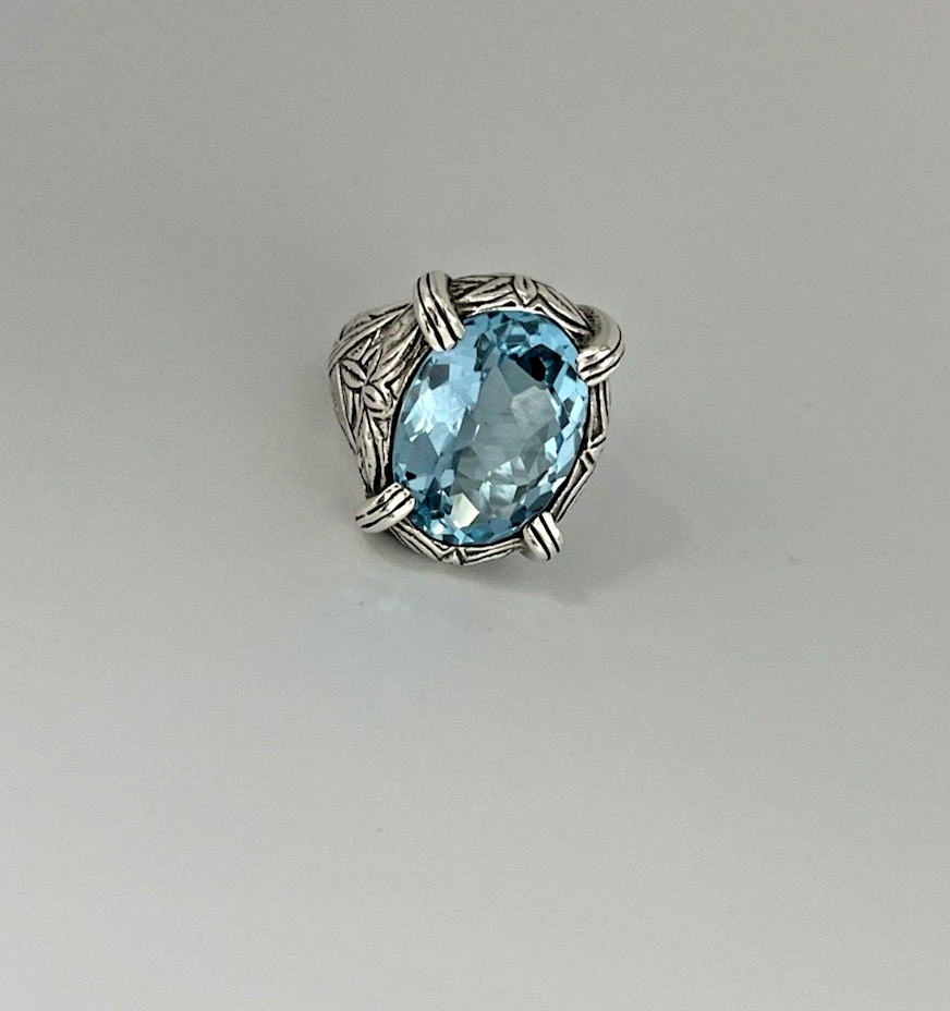 Stephen Dweck Faceted Blue Topaz Ring in Engraved Sterling Silver