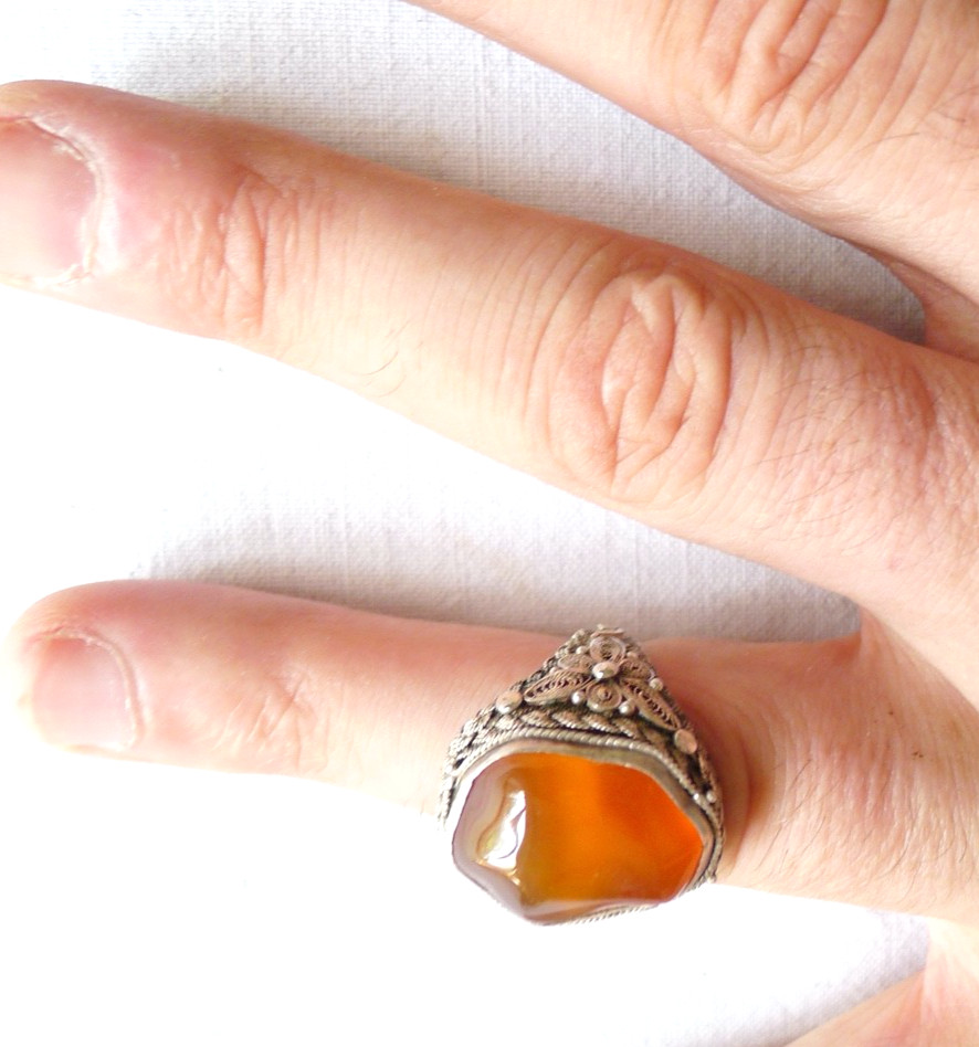 OLD CHINESE RING FILIGREE SILVER HARD STONE CHINA EXPORT VINTAGE CHINA