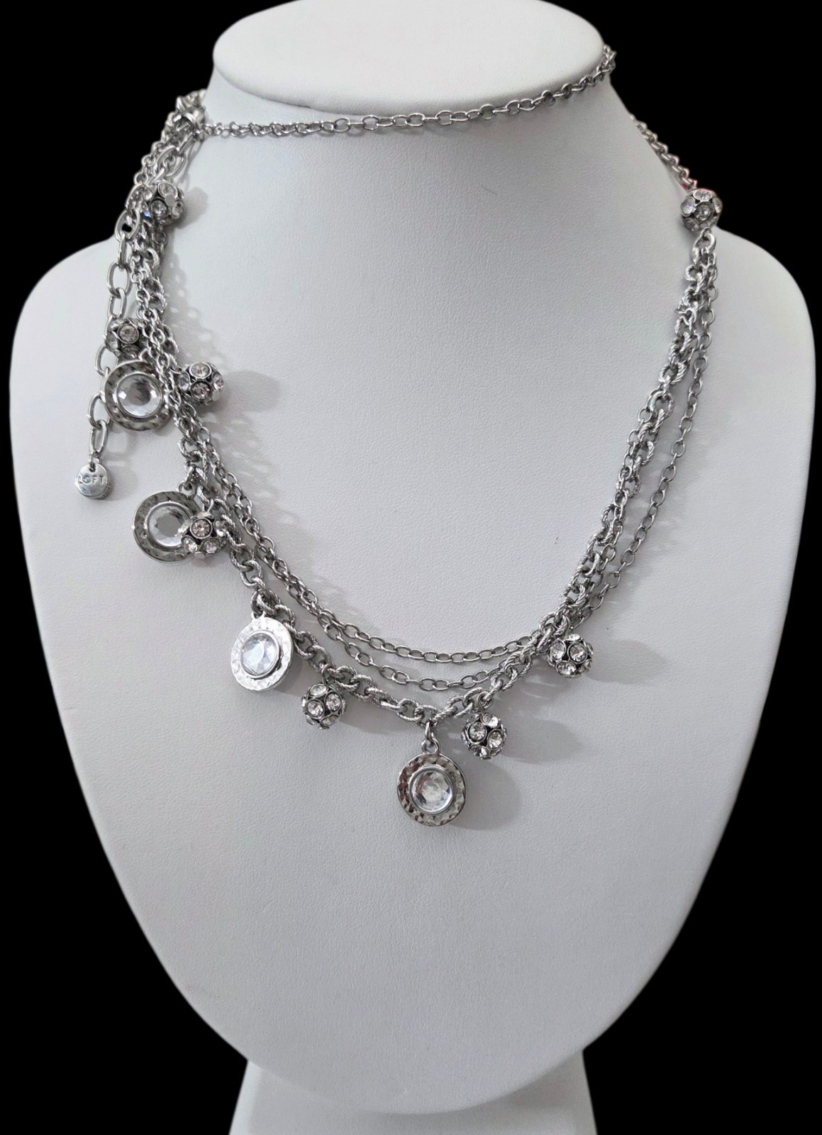Ann Taylor Loft Multi-strand Necklace Bezel Crystals Silver Tone Disco Beads