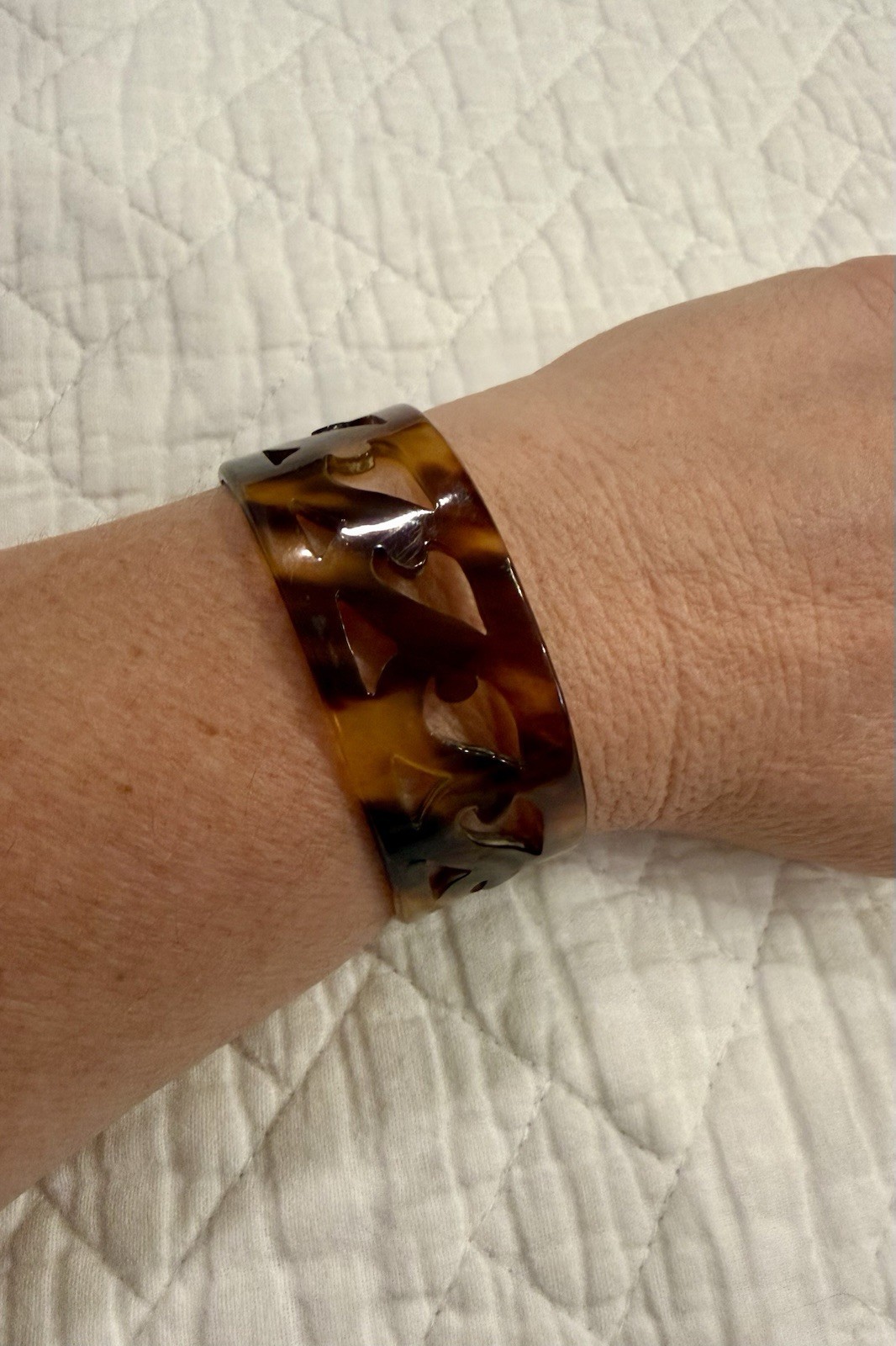 1970’s Faux Brown Shell Cuff Bracelet Carved Design 7.25” Whimsical Boho Cuff