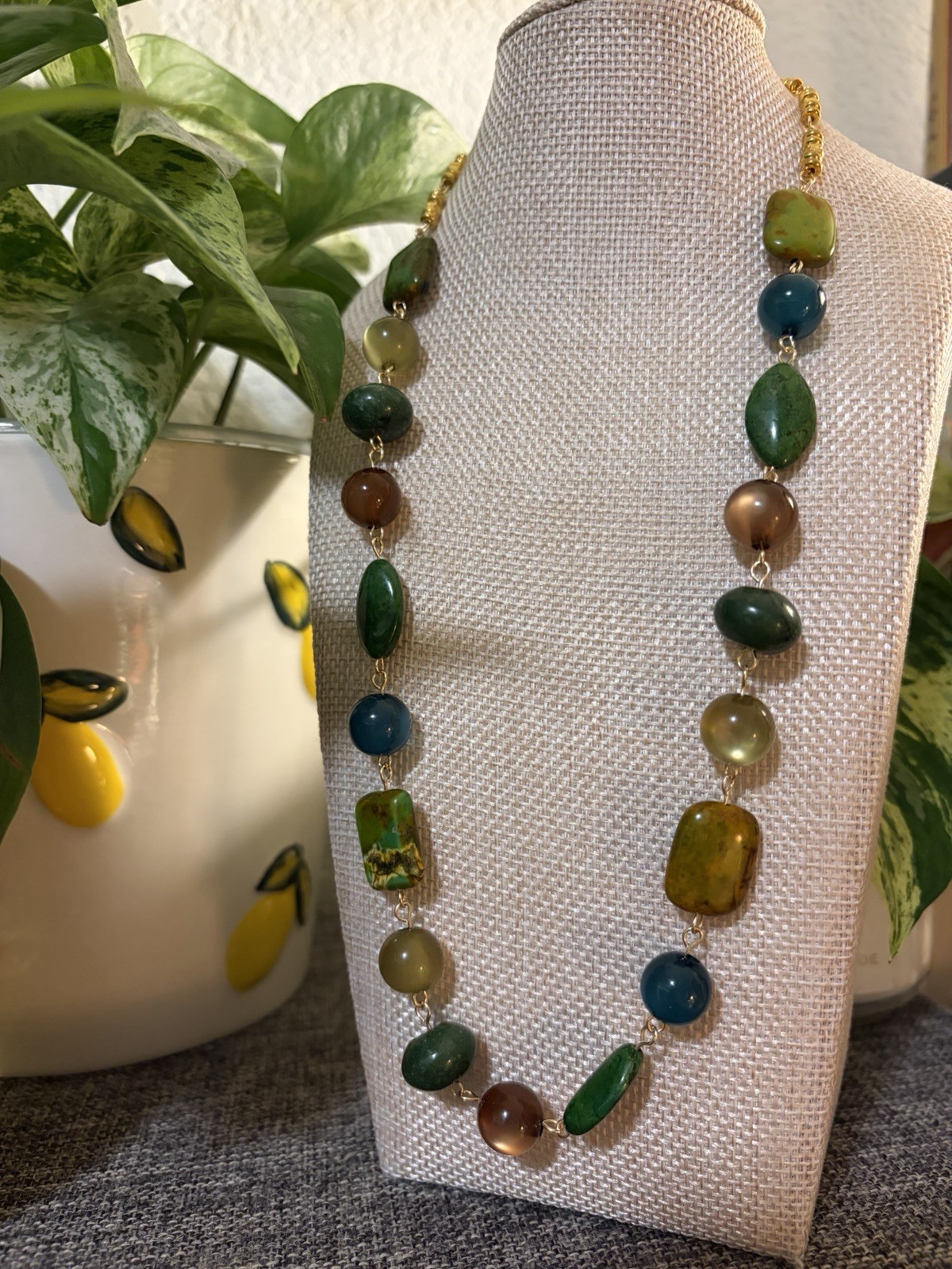 Handmade Glass Beaded Necklace Green Blue Brown Beads with Gold Tone Clasp