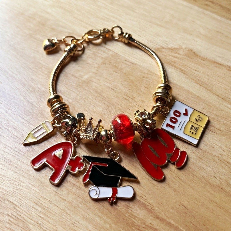 NEW Gold-Tone Snake Chain Charm Bracelet w/Lobster, Red Bead, Graduation Charms