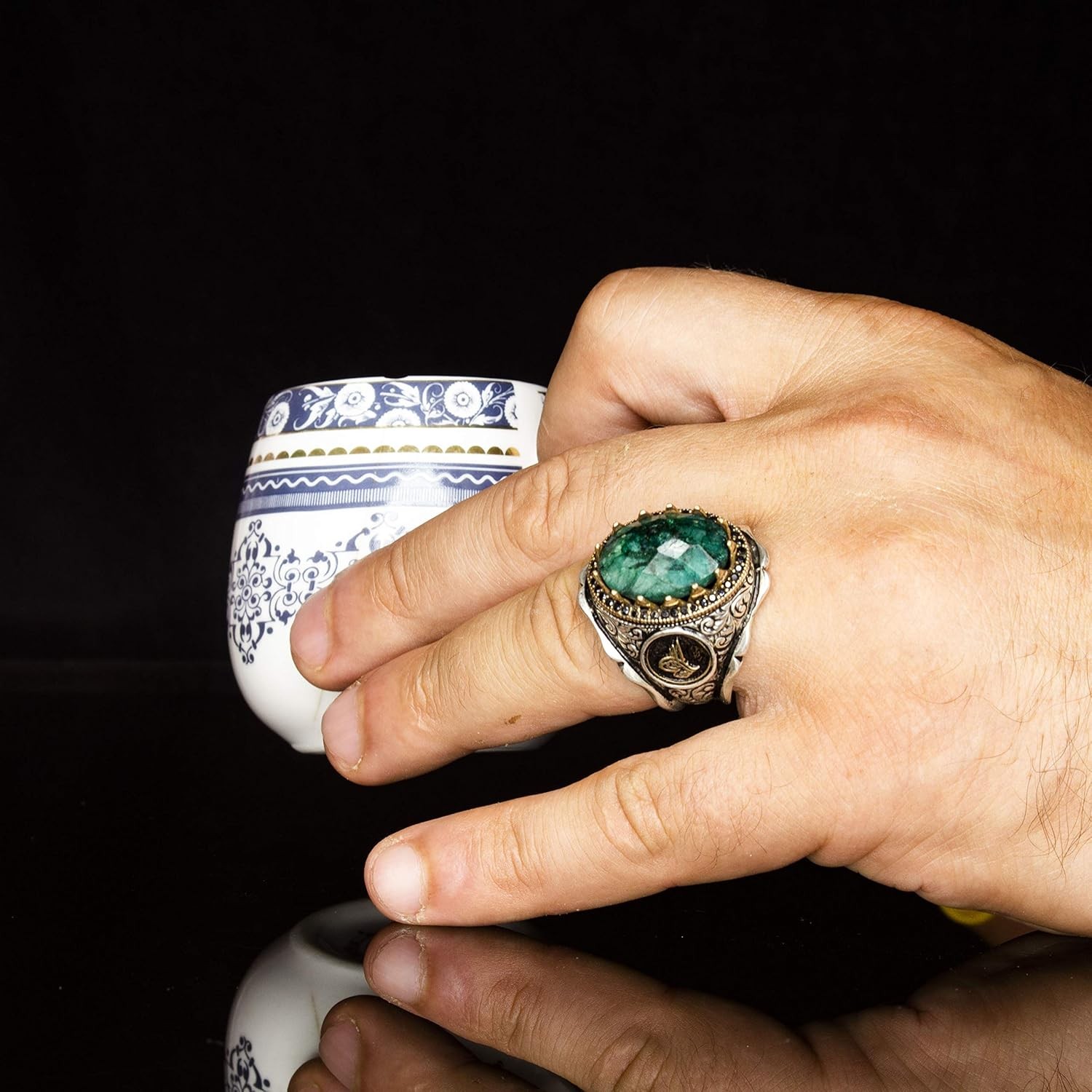 KAMBO 925 Sterling Silver Ottoman Emerald Men’s Ring Handmade Turkey KL16