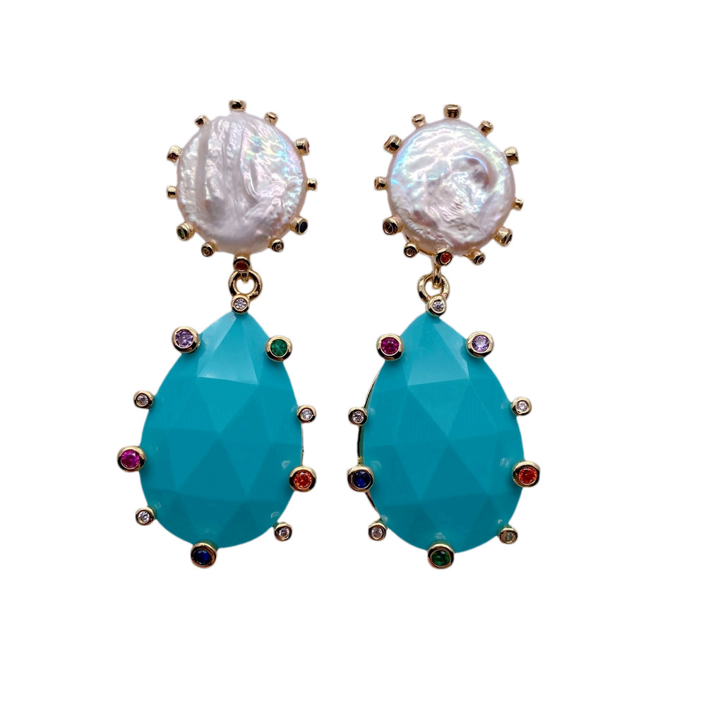 Cultured White Coin Pearl Blue Turquoise Cz Pave Teardrop Dangle Earrings