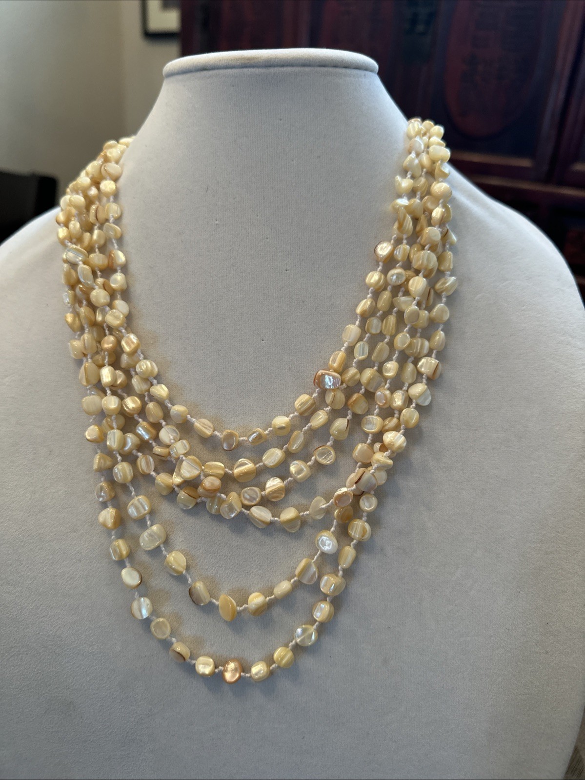 Vintage Multi Strand Nugget Pearl Necklace Cream Champagne Ivory Beaded Layered