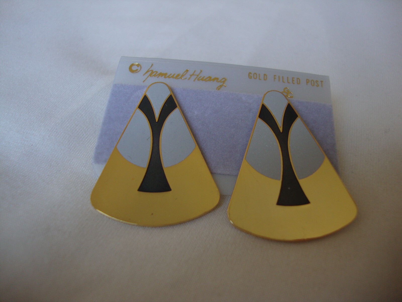 VINTAGE SAMUEL HUANG CLOISONNE RETRO ABSTRACT CHARCOAL & GRAY ENAMEL EARRINGS