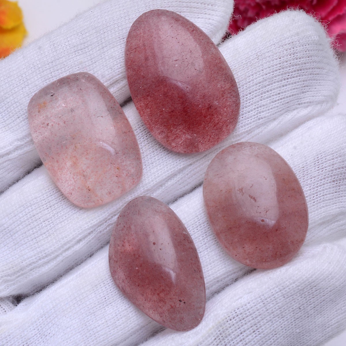 4 Pcs Natural Strawberry Quartz 25mm-29mm Cabochon Untreated Loose Gemstones Lot