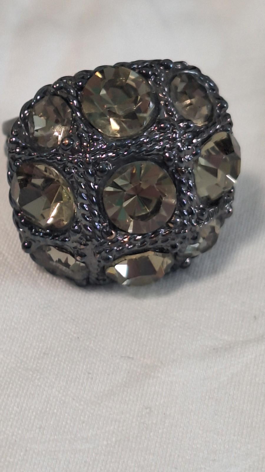 Gunmetal Tone Dome Cluster Cocktail Ring Size 6 Faceted Gray Crystal