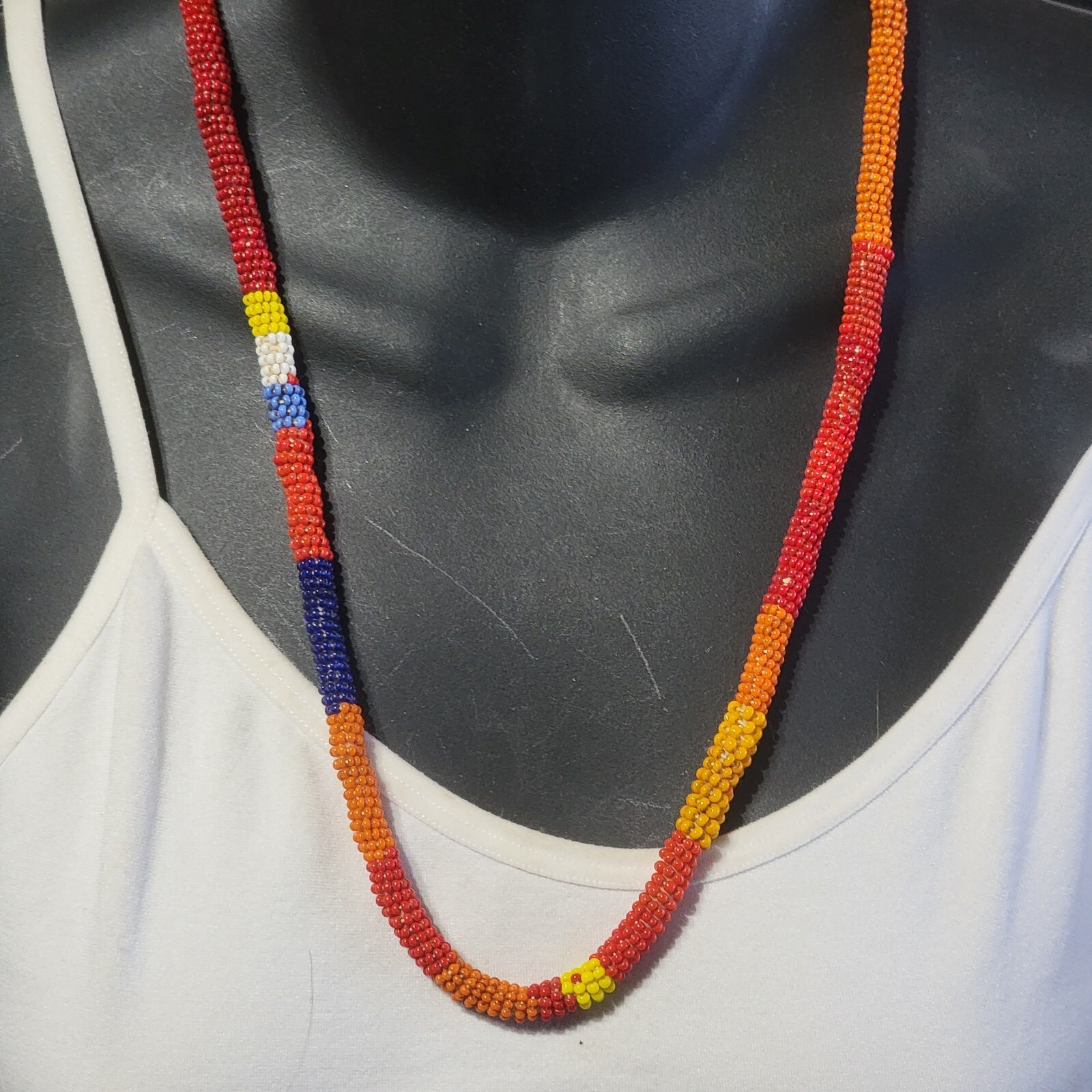 Vintage Tribal Necklace Hand Beaded Colorful Red Blue Yellow Orange 25″ rd01-27