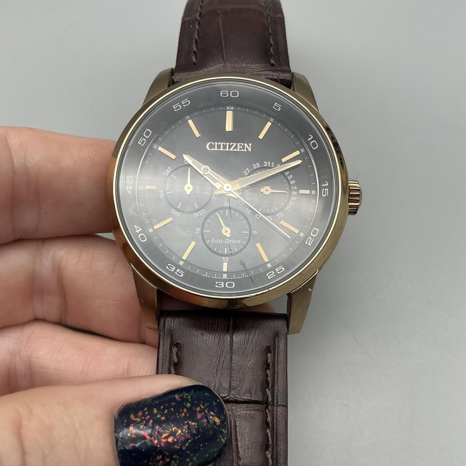 Citizen Eco-Drive Mens Watch 44mm Black Dial Brown Leather 8729-S093040 Day Date