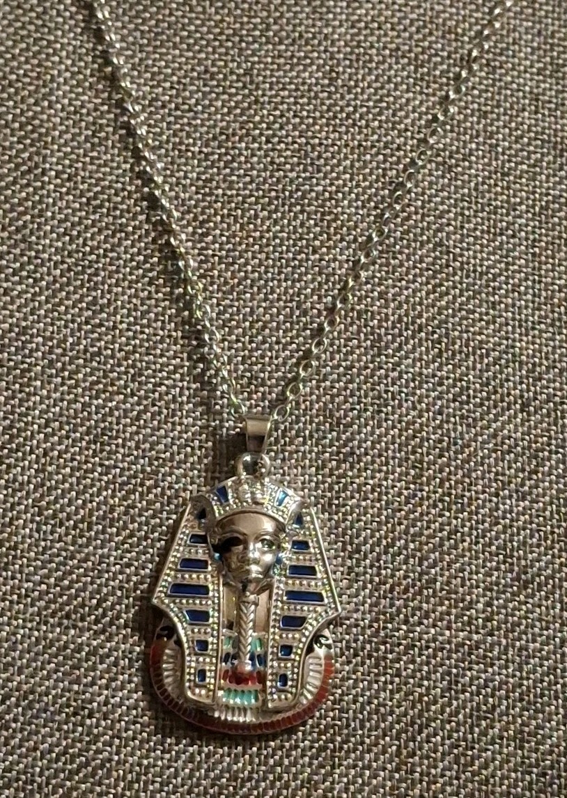 Silvertone Egyptian Revival Pharaoh Head Pendant Necklace King Tut Punk Hip Hop