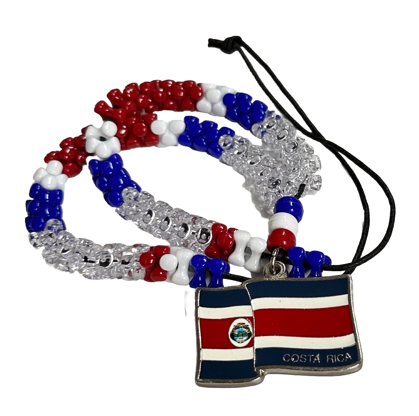 COSTA RICA FLAG COLOR Necklace Pendant With 14” BEADED In Leather String