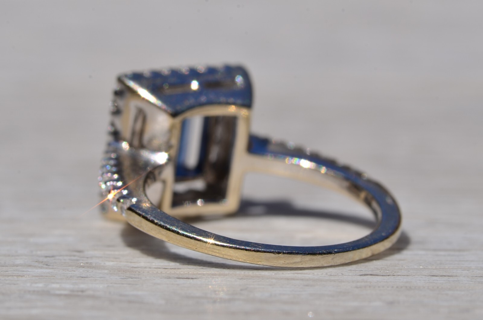 Diffused Emerald Cut Blue Sapphire Engagement Ring and Wedding Set with Custom B