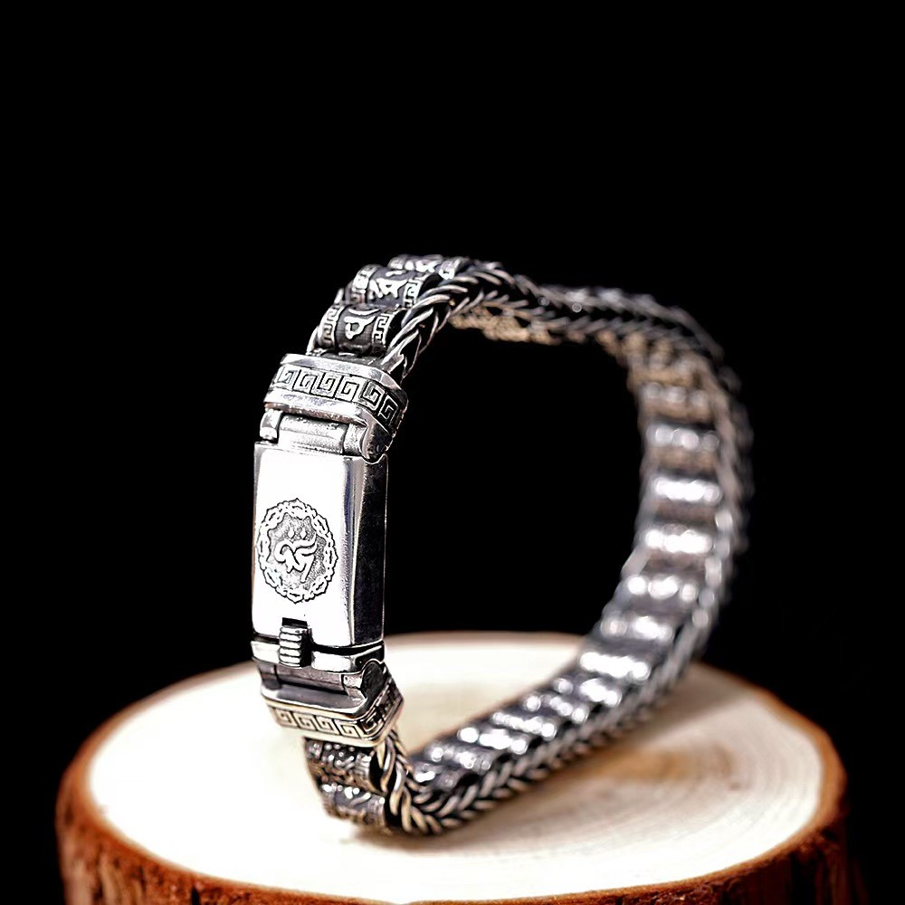 Pure S925 Sterling Silver Chain 11mm Vajra Cylinder Beads Link Bracelet 7-8.7in