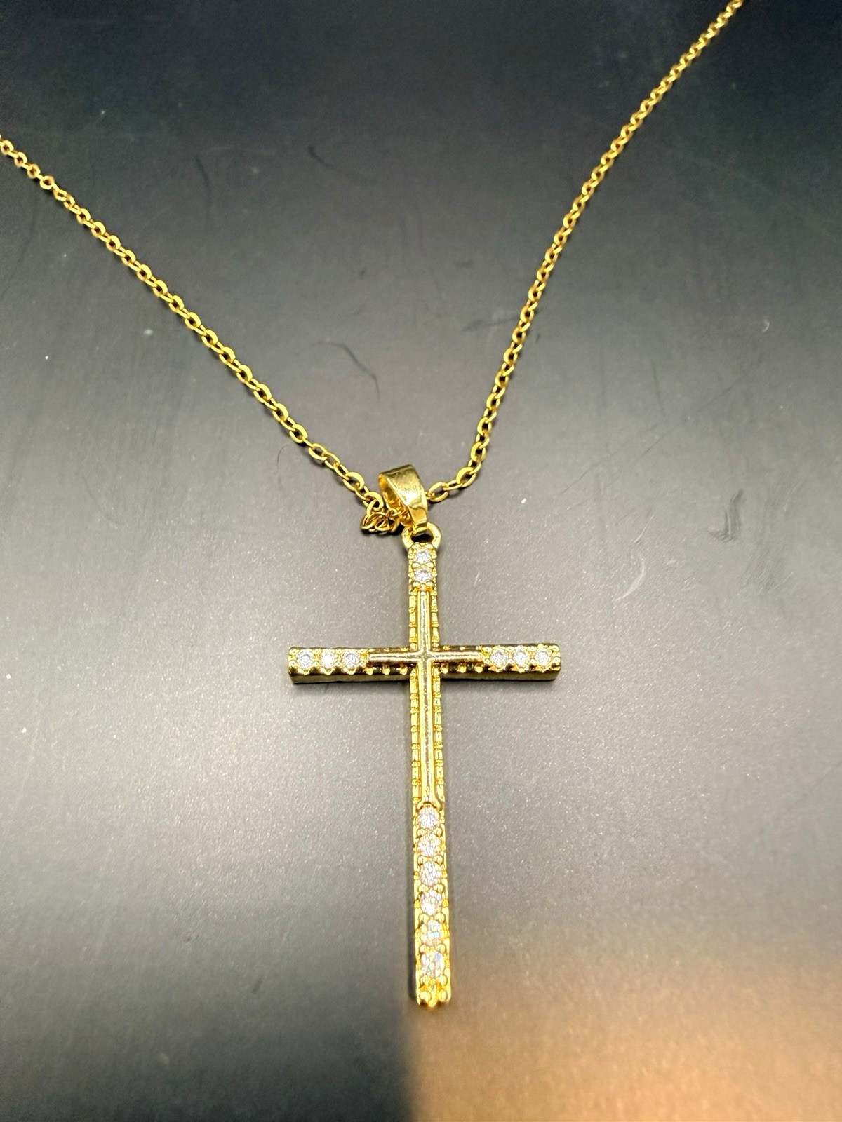 Gold Tone Cross Charm Pendant Necklace, Clear Crystal, Cable Chain, Prong Set