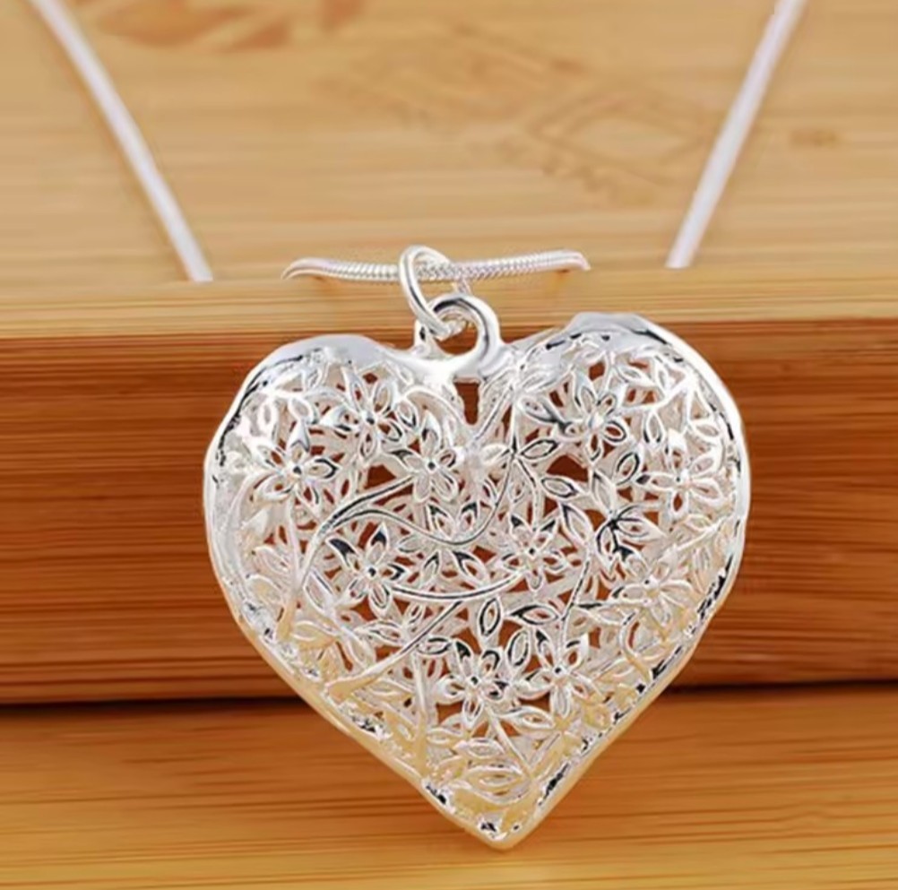 Silver Heart Filigree Pendant 925 Charm Necklace Wedding Fashion Jewelry 26″ New