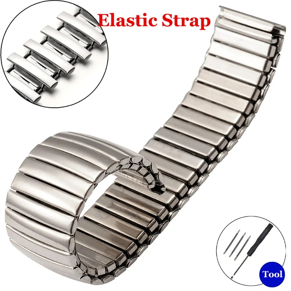 12 14 16 18 20 22mm Stainless Steel Elastic Strap Polished Band Metal