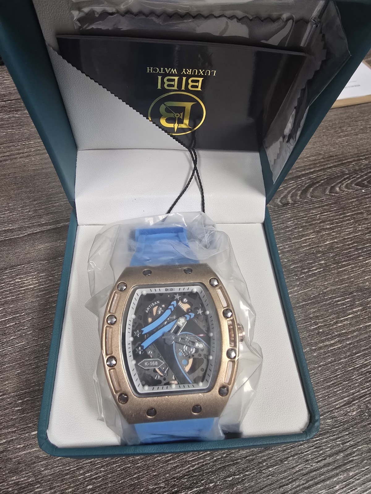 BIBI Luxury Watch Artisan K-168 Skeleton Automatic Rose Gold Case Blue Strap Men
