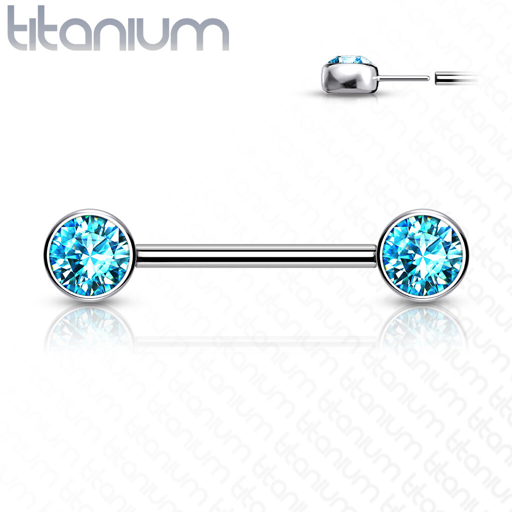 Pair of Implant Grade Titanium Threadless Push In Nipple Barbell W/ Flat CZ Tops