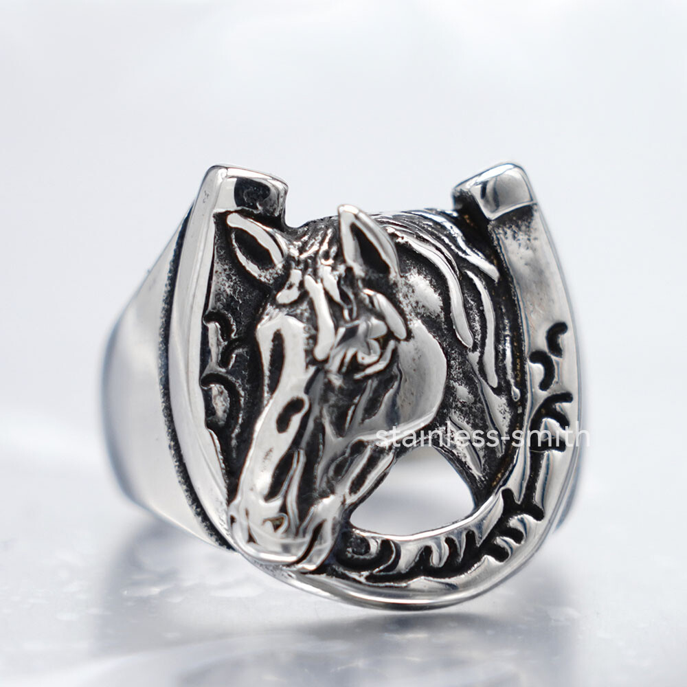 Mens Womens Stainless Steel Wild Horse Head Shoe Horseshoe Ring Size 6 7 8 9-15