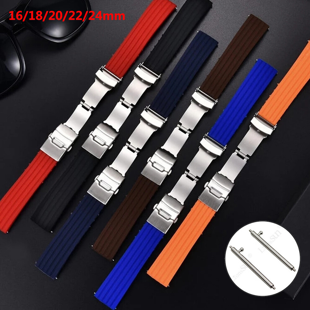 Silicone Rubber Watch Strap Band Waterproof Deployment Clasp 16 18 20 22 24MM