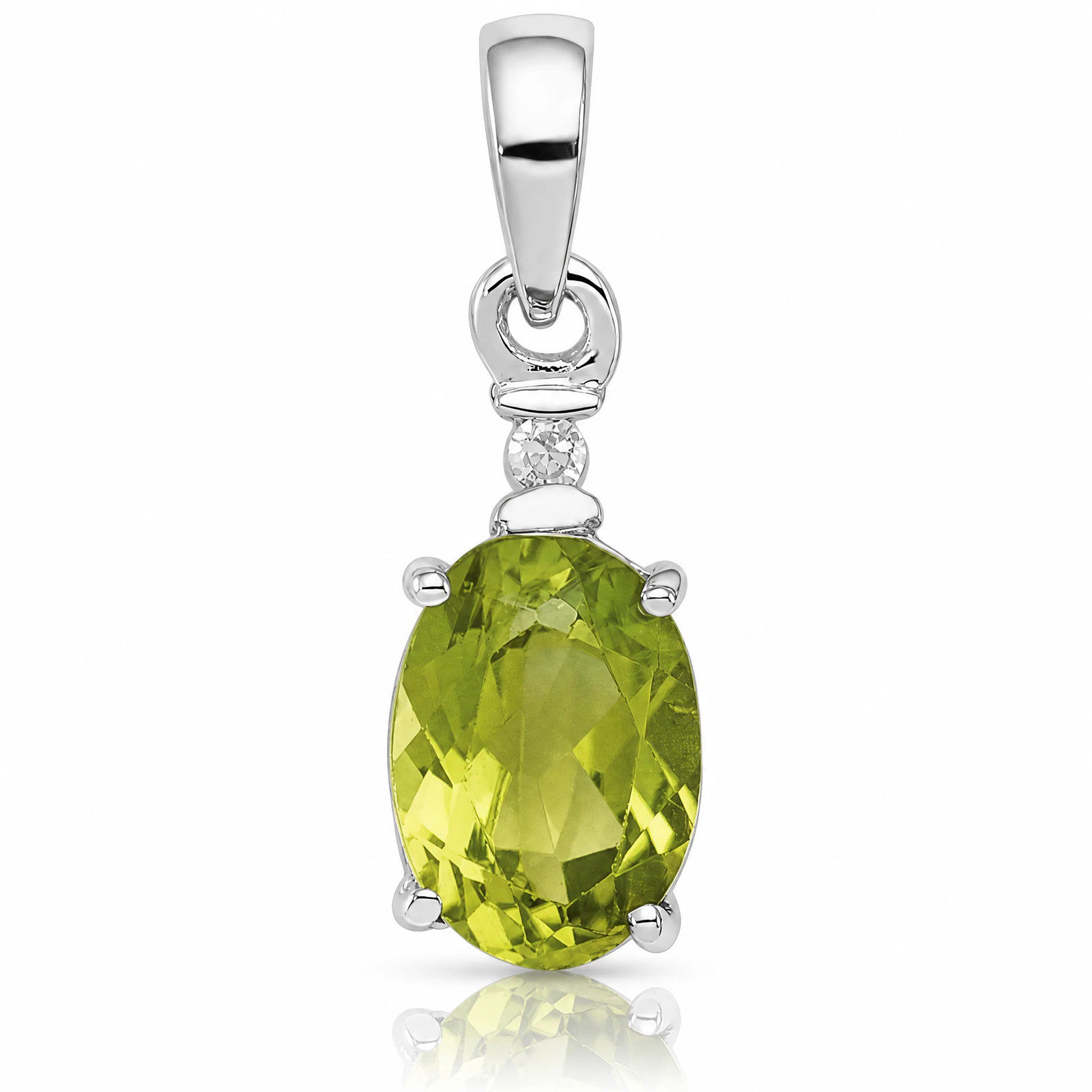 Sterling Silver Rhodium Plated Diamond And Peridot Oval Pendant