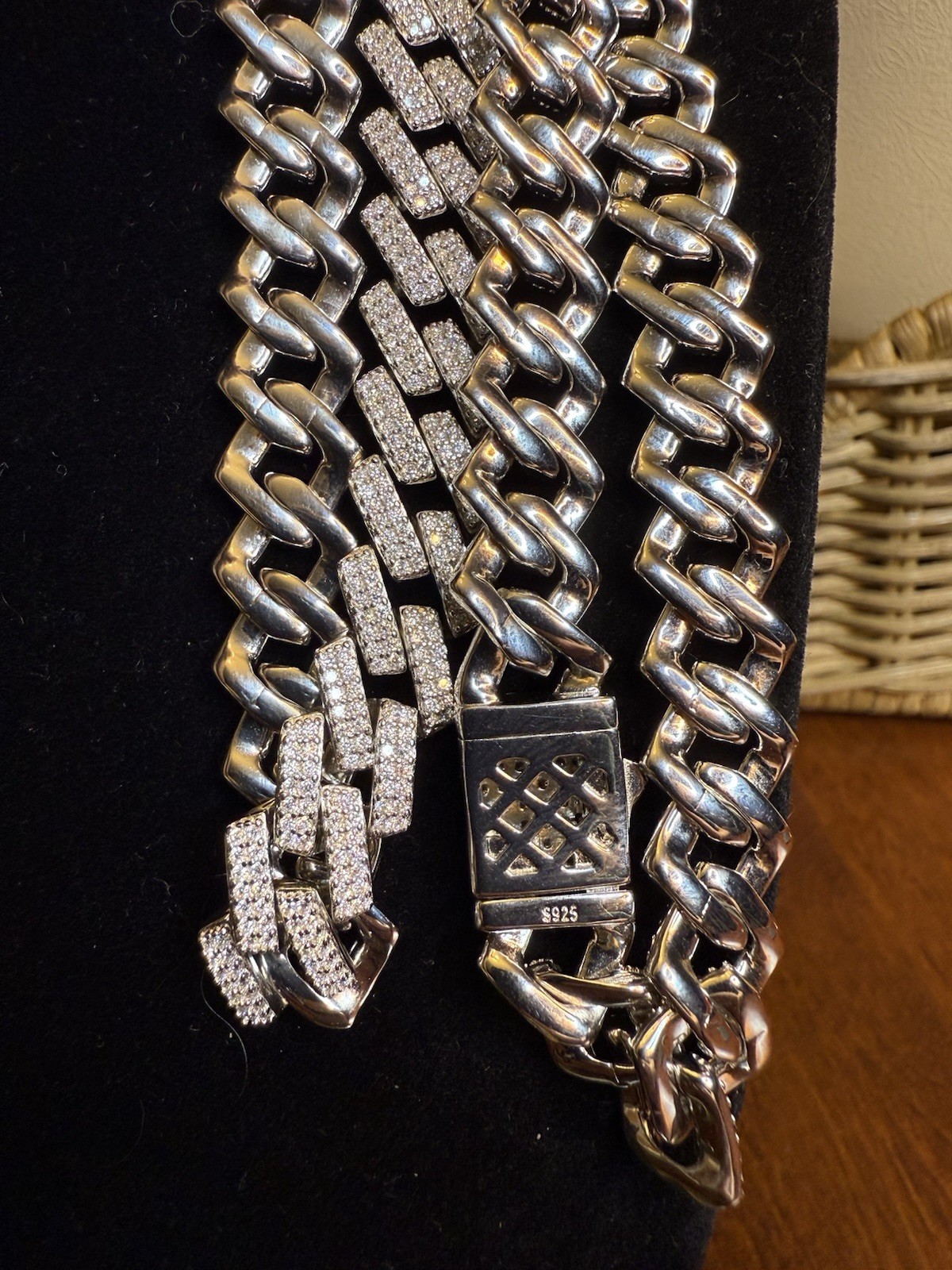 24” 12MM SOLID 925 Silver (~93g) Moissanite Miami Cuban Chain w Square Links