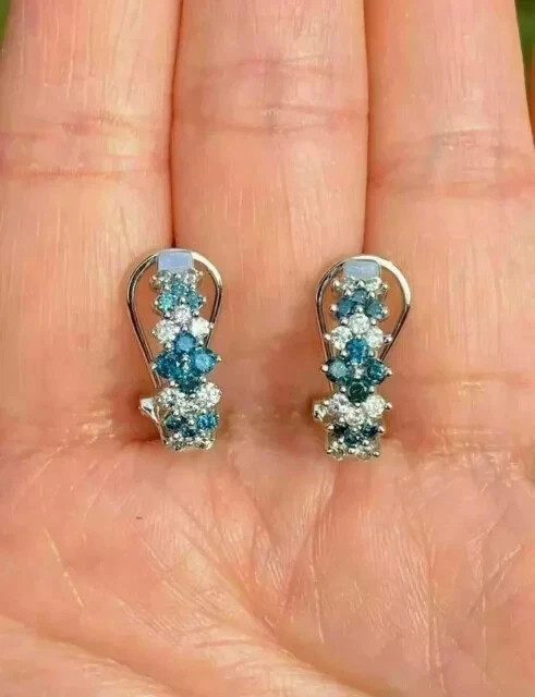 Lab Created Blue Topaz Diamond Women’s Omega Back Earrings 14K White Gold Plated
