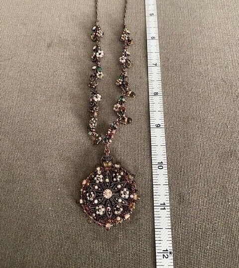 Vintage Copper Beaded Pendant Necklace Brown Golden Tones Old Czech Marked 