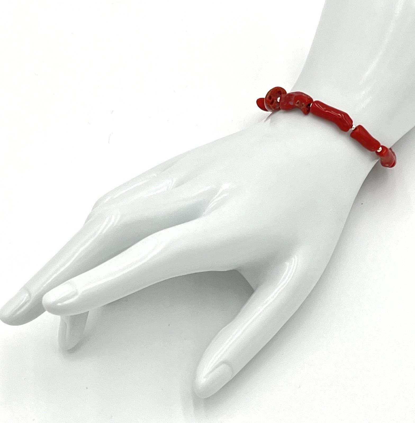 Natural Mediterranean Red Coral Bracelet 19.5cm 925 Silver Unisex Handmade